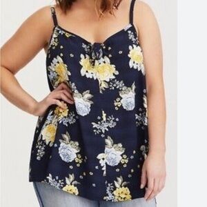 Torrid Dark Blue and Yellow Tie Front Camisole Blouse